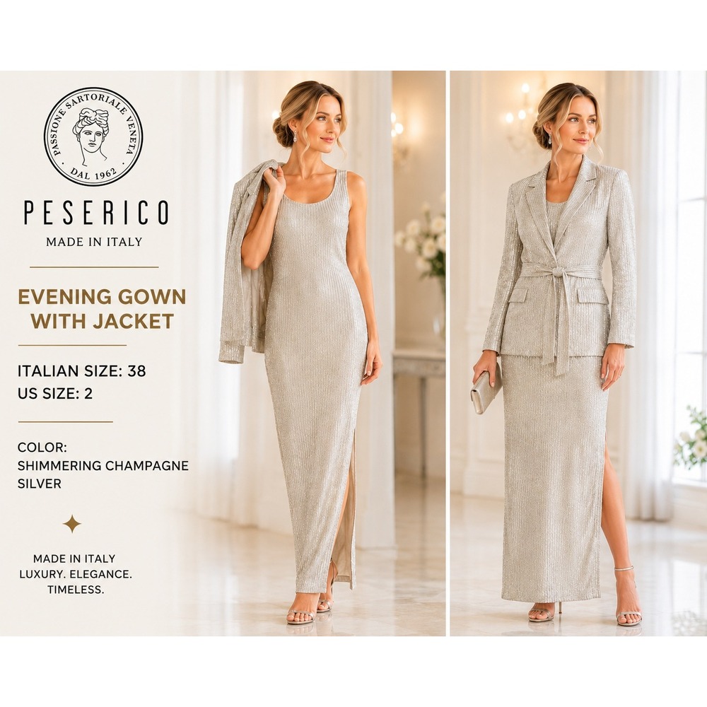 Peserico Evening Gown Jacket Set Womens 2 IT 38 Champagne Silver Metallic #1852